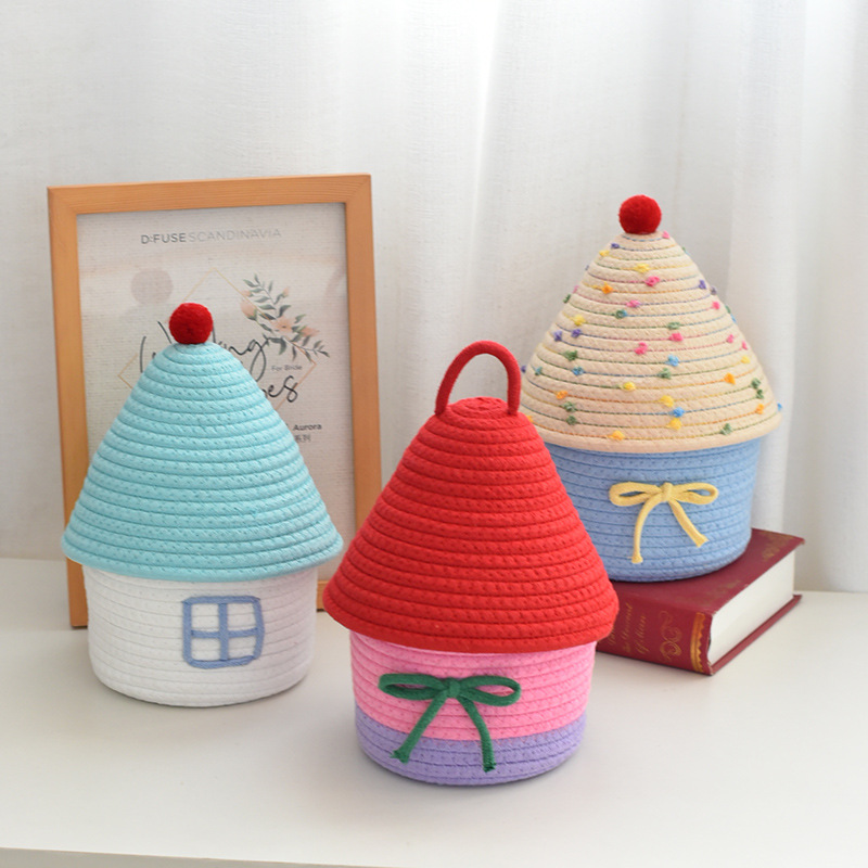 【房子造型】棉線編織收納籃 - INS風帶蓋置物筐