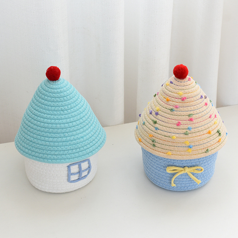 【房子造型】棉線編織收納籃 - INS風帶蓋置物筐