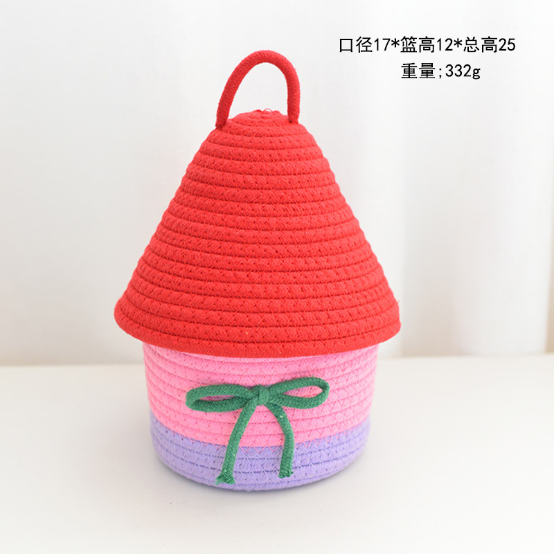 【房子造型】棉線編織收納籃 - INS風帶蓋置物筐
