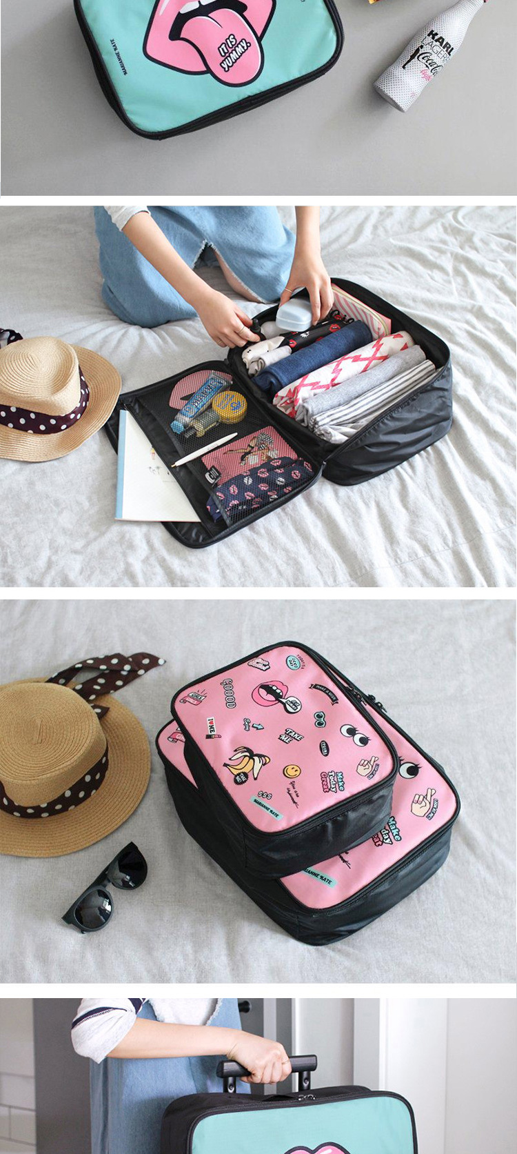 (2入)韓國可愛卡通手提旅行收納包 登機包 大號行李衣物拉桿箱 整理包1