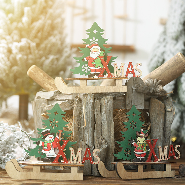 DIY木質聖誕雪橇裝飾品 創意聖誕節必備擺設 聖誕老人雪人雪橇裝飾0