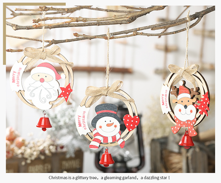 木質聖誕花環鈴鐺吊飾 創意聖誕節鏤空圓形吊飾 蝴蝶結木質聖誕樹裝飾7