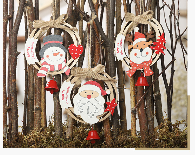 木質聖誕花環鈴鐺吊飾 創意聖誕節鏤空圓形吊飾 蝴蝶結木質聖誕樹裝飾8