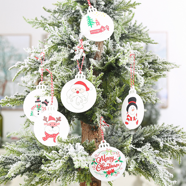 聖誕樹木質印花吊飾 聖誕節裝飾必備 聖誕老人雪人印花圖案小吊飾 6入裝0