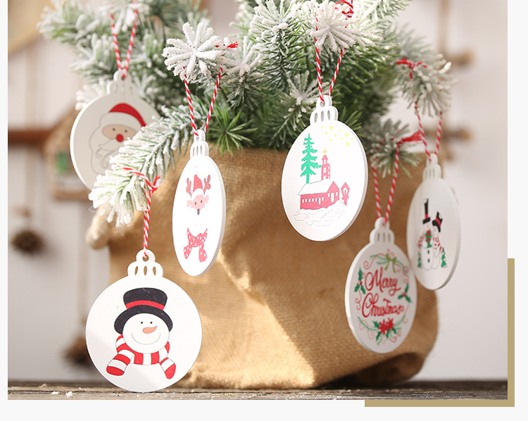 聖誕樹木質印花吊飾 聖誕節裝飾必備 聖誕老人雪人印花圖案小吊飾 6入裝8