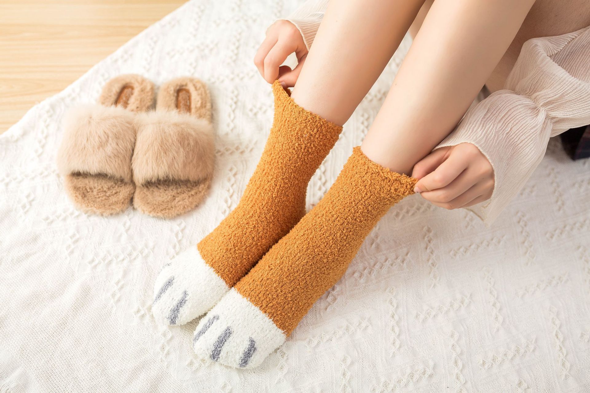 珊瑚絨貓爪中筒襪 可愛保暖冬季襪子 貓奴必備加厚中筒襪9