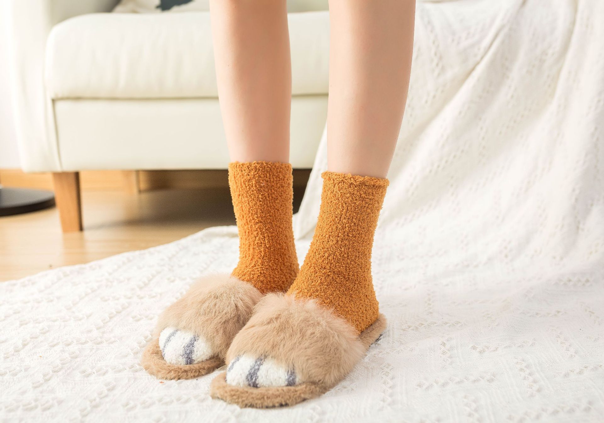 珊瑚絨貓爪中筒襪 可愛保暖冬季襪子 貓奴必備加厚中筒襪13