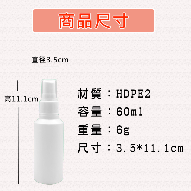 HDPE噴霧瓶 可裝酒精消毒水分裝瓶 2號噴霧瓶 60ml產品介紹0