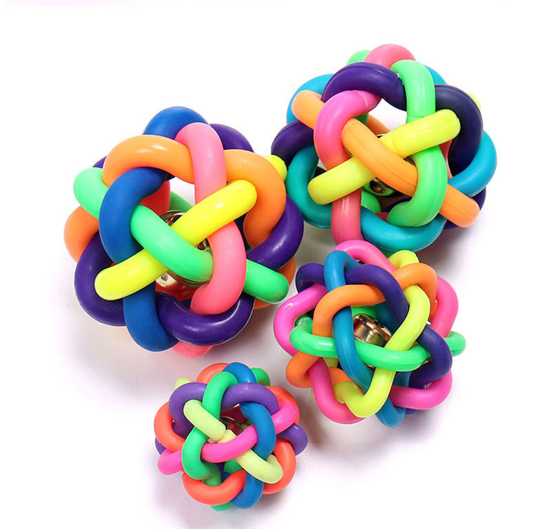 寵物七彩鈴鐺球 創意造型彩虹編織球玩具 七彩造型球橡膠玩具6