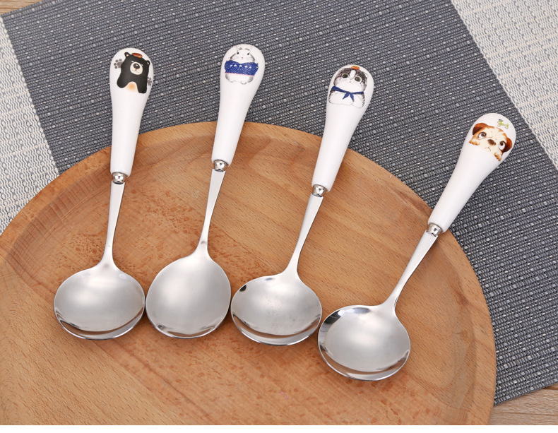 不鏽鋼長柄湯匙 陶瓷手柄可愛圖案湯匙 可愛動物不鏽鋼餐具 小湯匙0