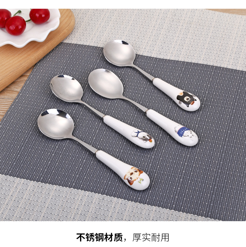 不鏽鋼長柄湯匙 陶瓷手柄可愛圖案湯匙 可愛動物不鏽鋼餐具 小湯匙5