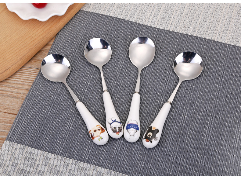 不鏽鋼長柄湯匙 陶瓷手柄可愛圖案湯匙 可愛動物不鏽鋼餐具 小湯匙6