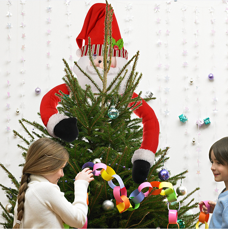 創意聖誕抱樹樹頂星 可愛聖誕樹頂裝飾 聖誕老人雪人迷路抱樹 長手娃娃0