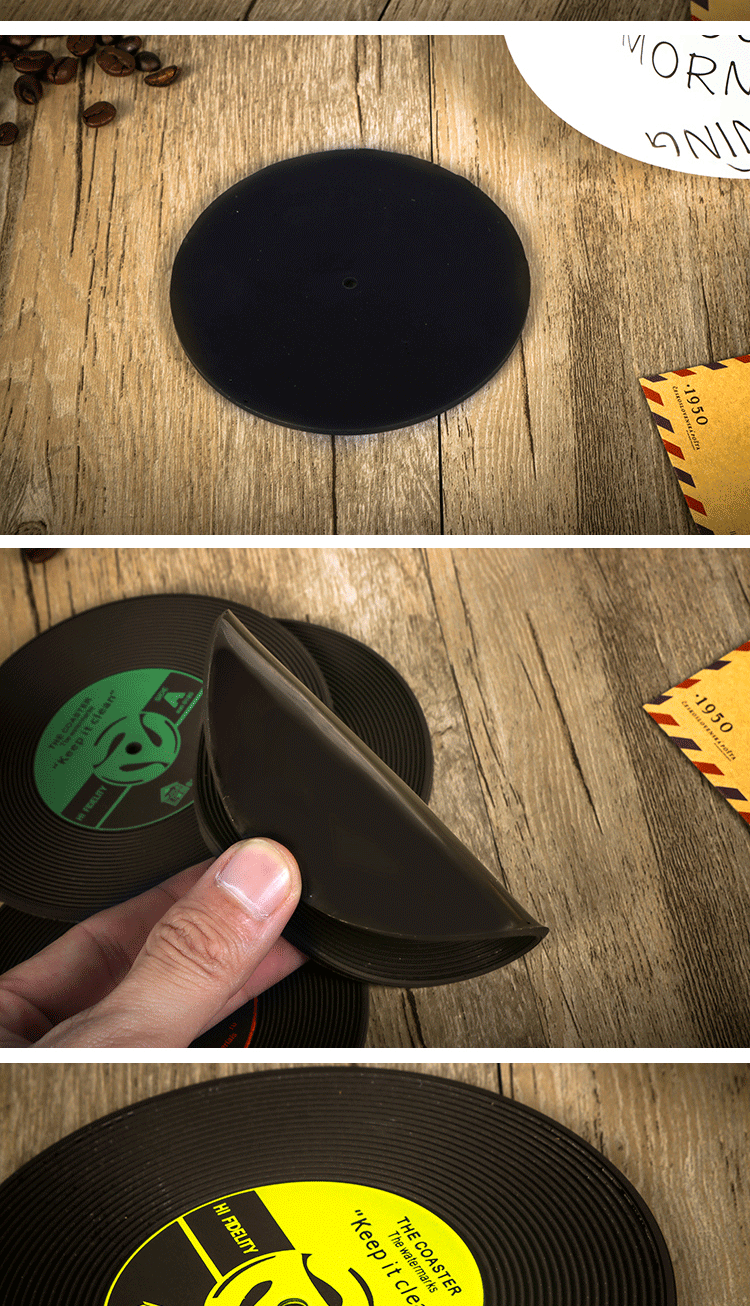 復古黑膠唱片造型杯墊 創意矽膠隔熱墊 懷舊防燙杯墊 圓形杯墊3