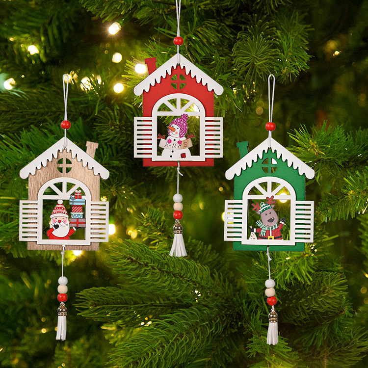 聖誕木質開窗戶吊飾 聖誕裝飾必備木質流蘇吊飾 聖誕樹必備裝飾0