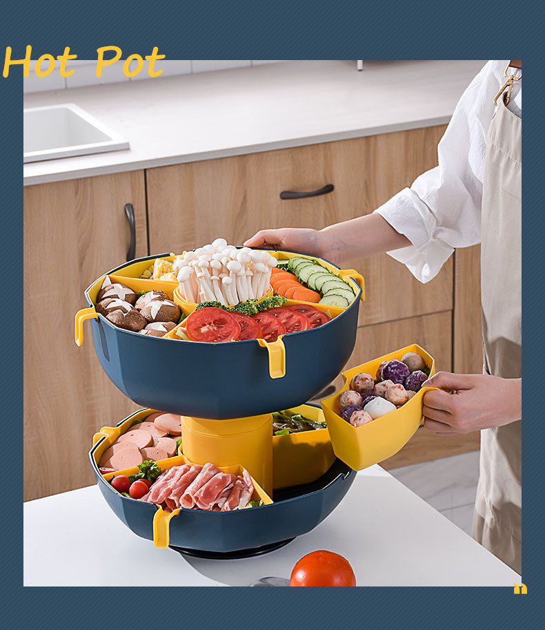 360°旋轉火鍋拼盤 創意雙層蔬菜水果配菜盤 分隔瀝水火鍋料架17