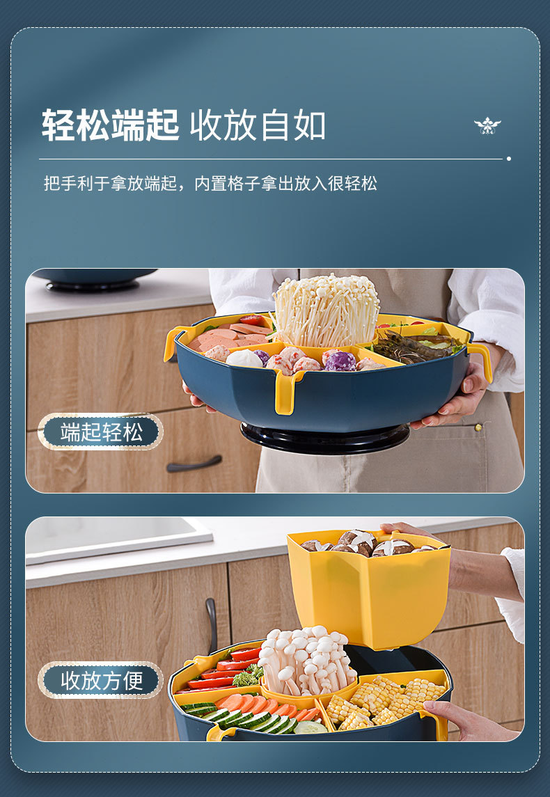 360°旋轉火鍋拼盤 創意雙層蔬菜水果配菜盤 分隔瀝水火鍋料架1