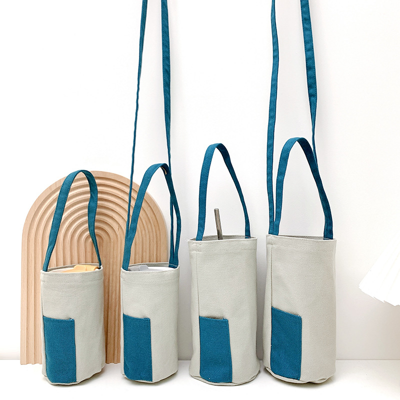 藍色帆布飲料斜背提袋 多功能撞色水壺袋 兩用收納手提袋 飲料杯套9